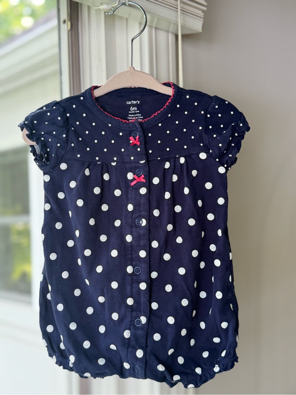 NWOT Carter's Navy Polka Dot Ruffle Sleeve Strawberry Baby Romper - 6M